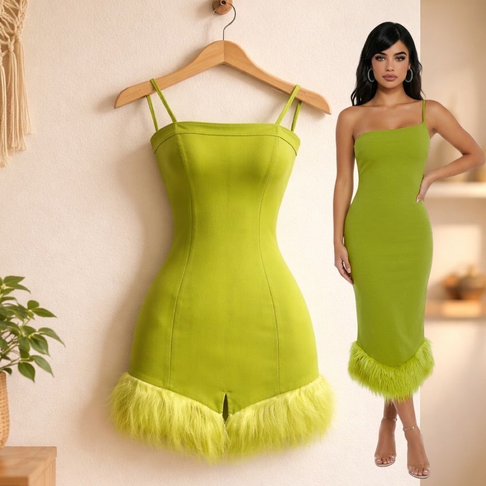Green one shoulder spaghetti strap faux fur hem cocktail party dress large